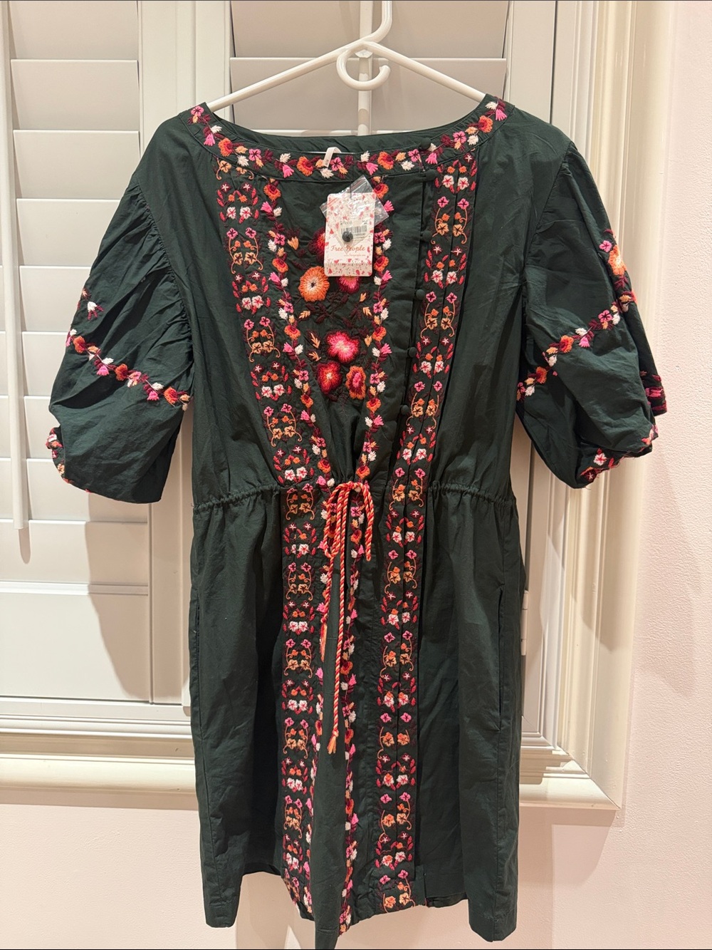 Free People Dark Green Embroidered Floral Tie-Waist Dress